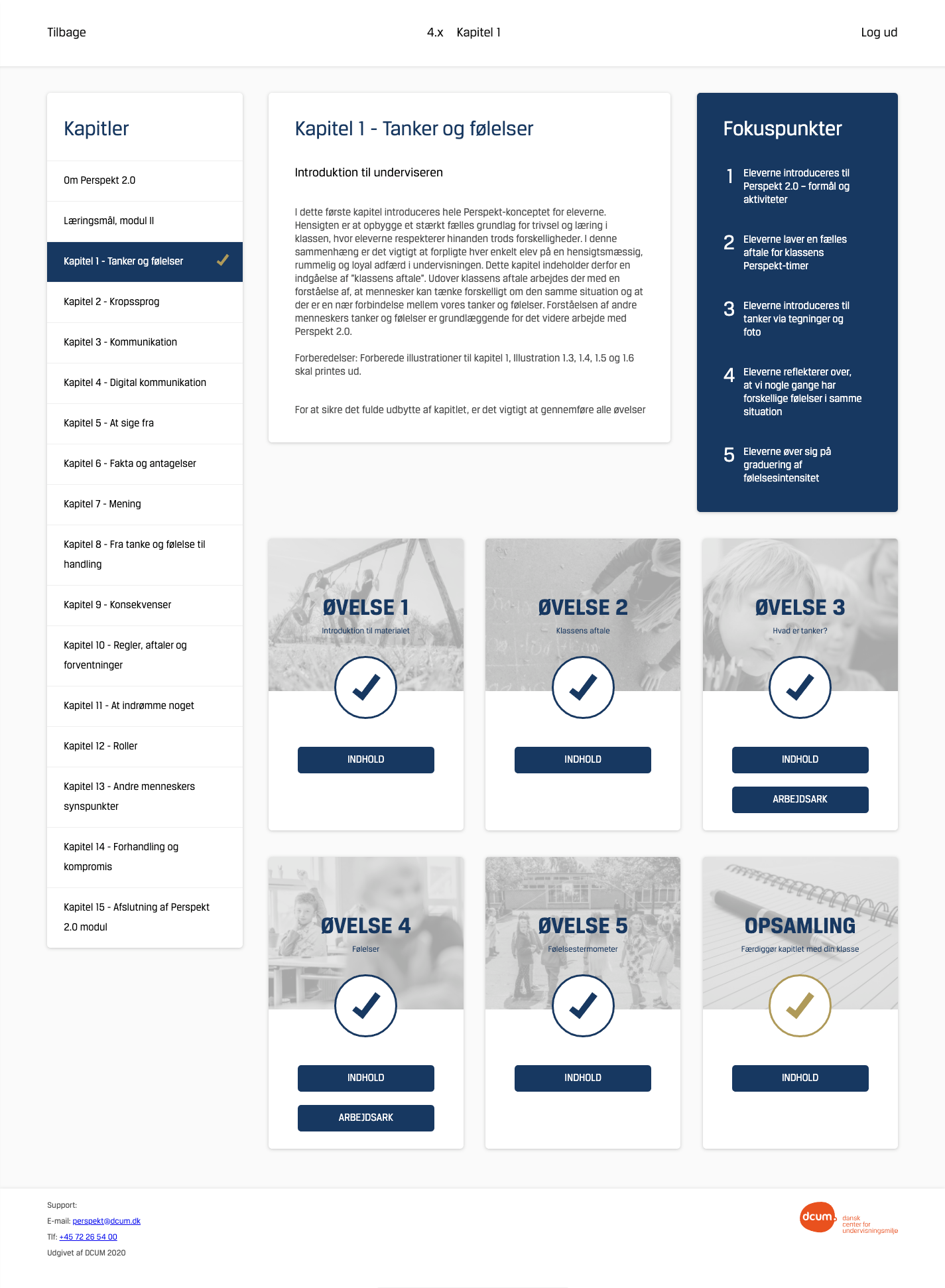 Chapter overview view for a chosen class (4.x) showing left-hand “Kapiller” navigation list, main “Kapitel 1 – Tanker og følelser” content panel, right “Fokuspunkter” checklist, and six exercise cards (Øvelse 1–5 and Opsamling) with content and worksheet action buttons.